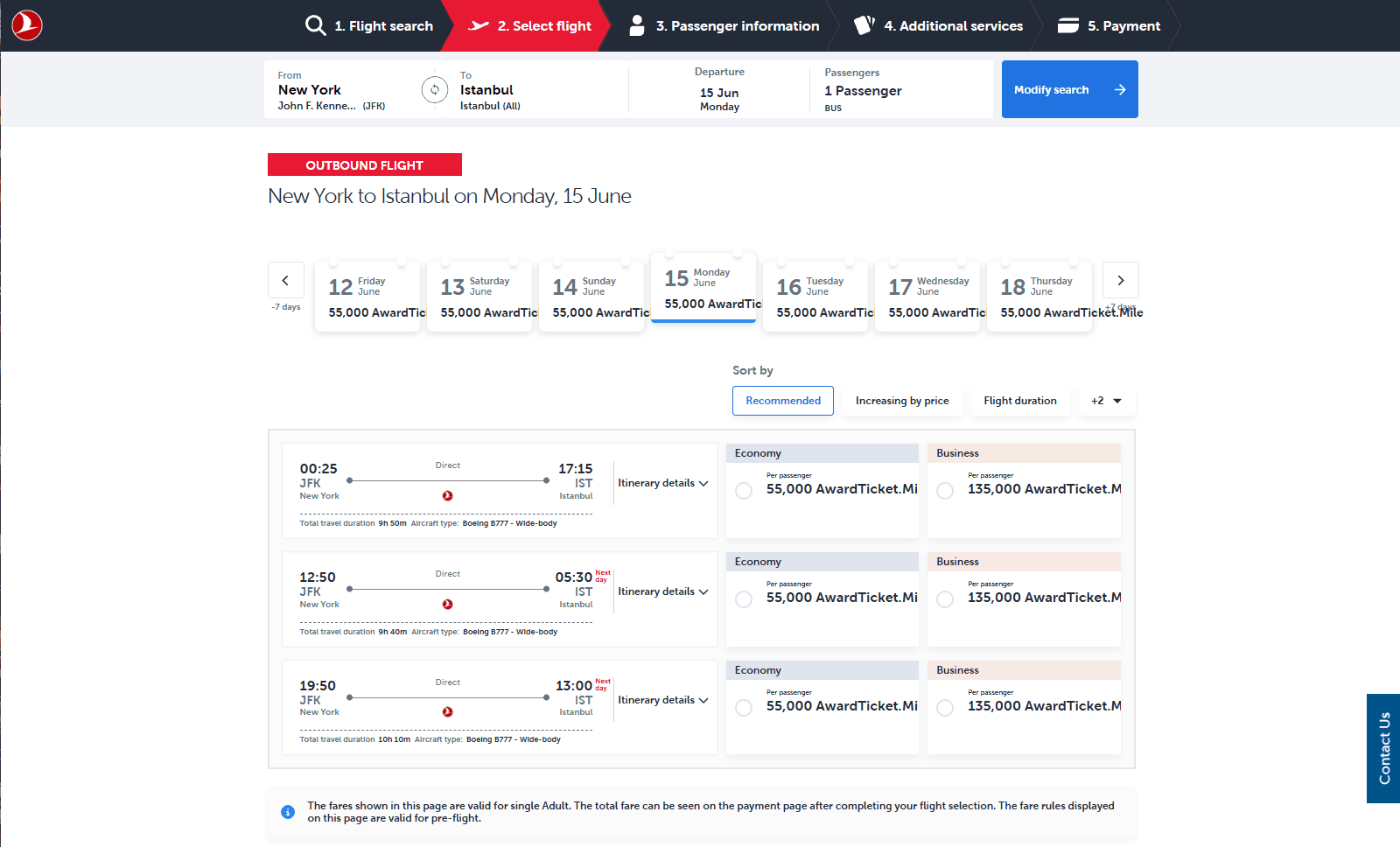 Award search results for Turkish Miles&Smiles Business to Istanbul, captured 2026-04-16