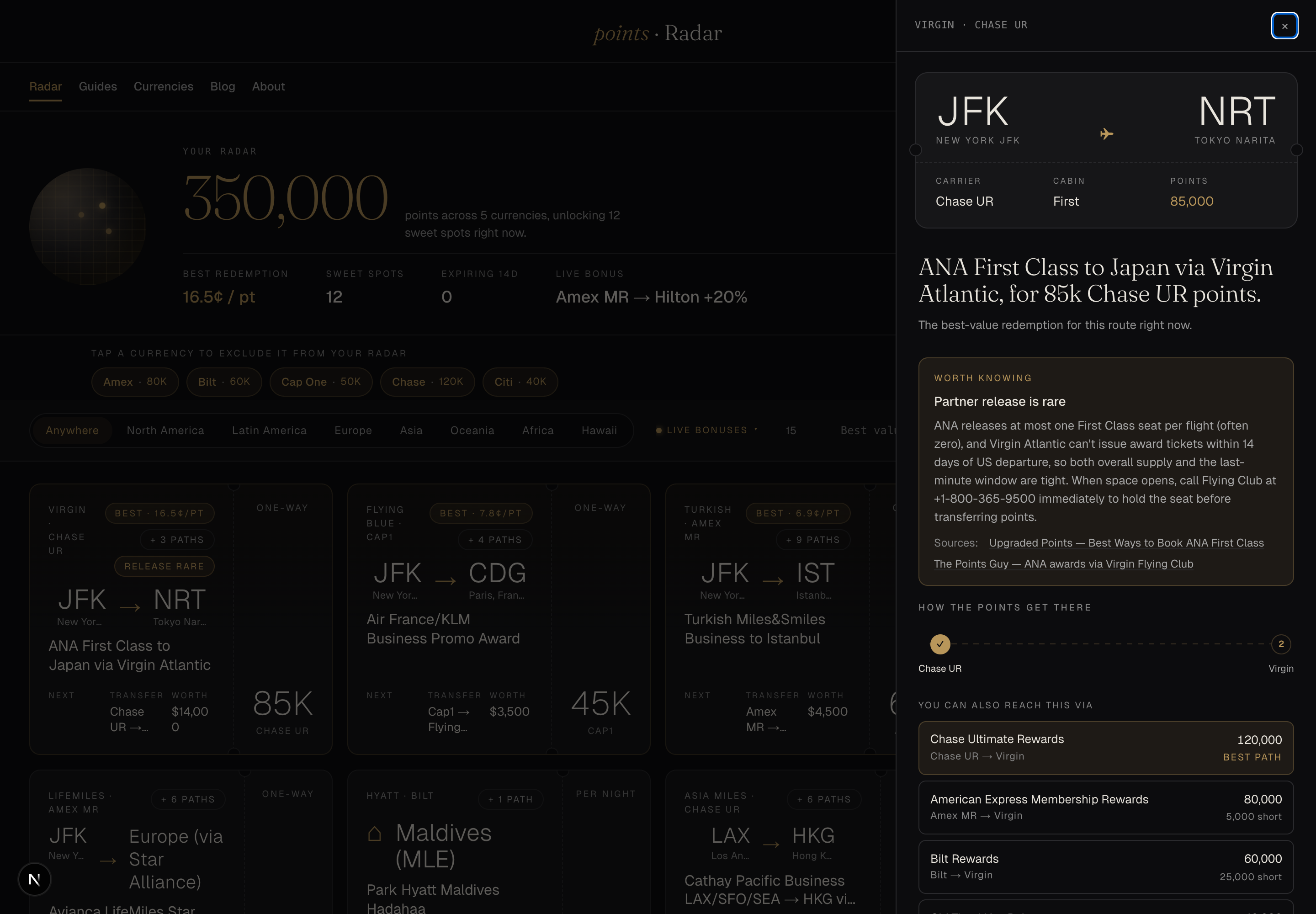 The detail drawer for ANA First Class to Tokyo. Header shows JFK / New York → NRT / Tokyo Narita with cabin and points cost (85,000 Chase UR). A "Worth knowing" callout explains partner-release scarcity (ANA releases at most one First Class seat per flight, often within 14 days of US departure) and links to source guides. Below: the active transfer path (Chase UR → Virgin) plus alternate paths via Amex MR and Bilt.