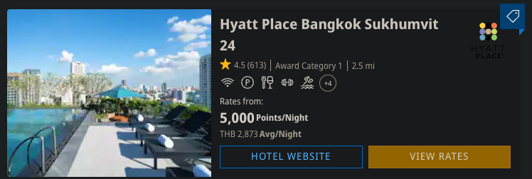 Hyatt Place Bangkok Sukhumvit 24 search result on hyatt.com showing the Category 1 badge, 5,000 Points/Night starting rate, and THB 2,873 (~$79 USD) Avg/Night cash rate. Captured 2026-05-17 for 2026-09-15 to 2026-09-17.