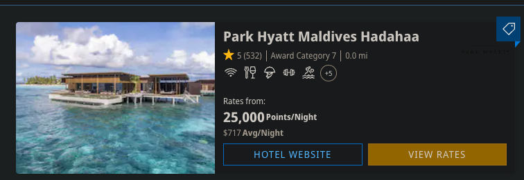 Park Hyatt Maldives Hadahaa search result on hyatt.com showing the Category 7 badge, 25,000 Points/Night starting rate, and $717 Avg/Night cash rate. Captured 2026-05-17 for 2026-09-15 to 2026-09-18 shoulder-season dates.